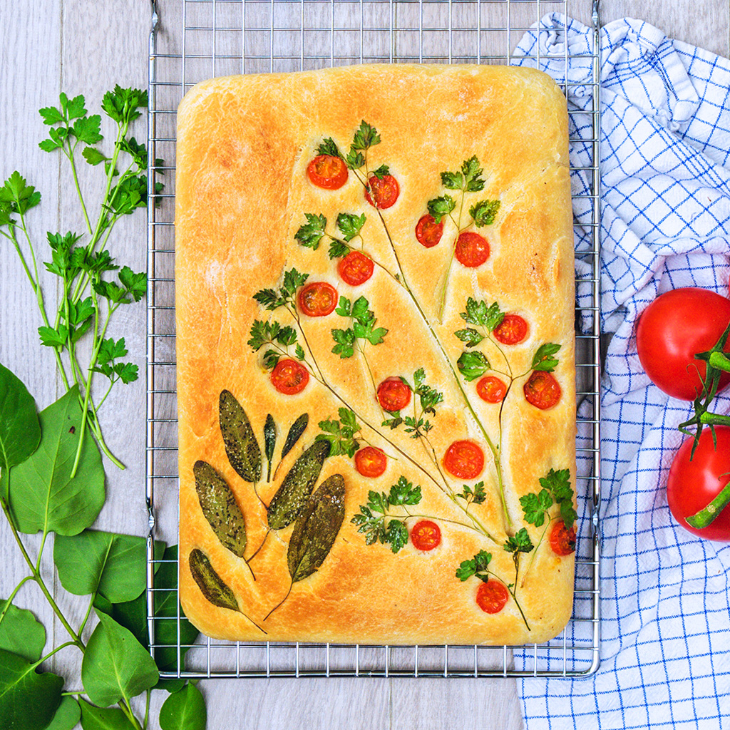 Focaccia Garden with Baby Tomatoes