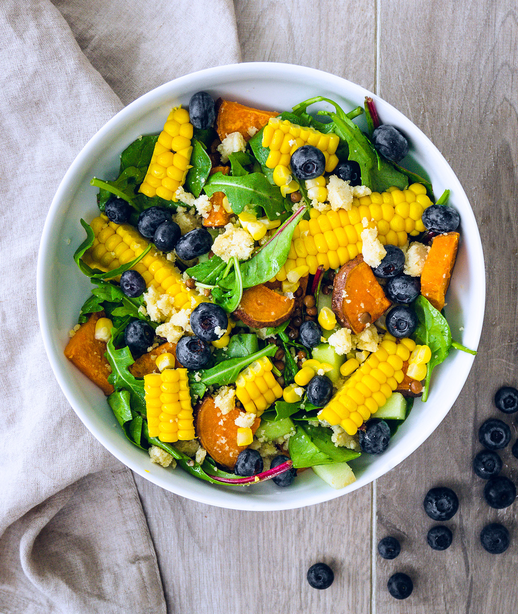 Corn, Almond Cheese & Blueberry Salad
